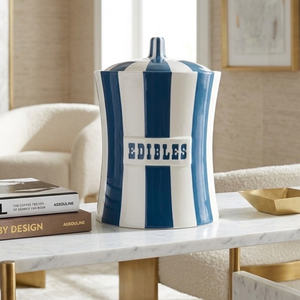 Jonathan Adler Vice Edibles Canister Teal Blue White Striped Porcelain Jar